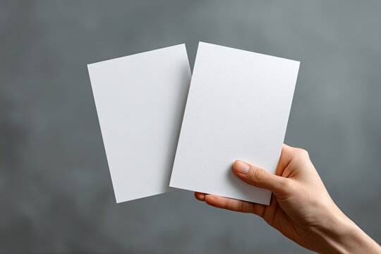 A hand holds two blank white cards against a gray background (2)