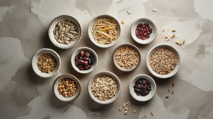 Healthy Food Flat Lay Assortment Seeds Grains Nuts Beans Oats Soybeans Pumpkin Seeds Chestnuts in Bowls on Textured Light Background Top Down View