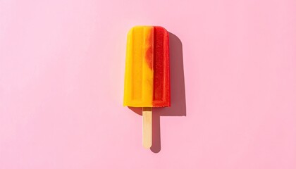 A vibrant, two-toned frozen treat on a pink background casts a subtle shadow, creating a visually appealing summery image