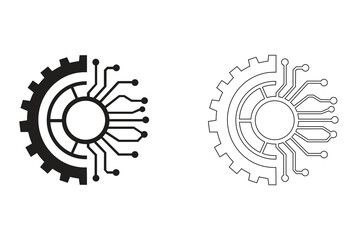 Tech Gear Circuit Logo Vector. Futuristic Digital Mechanism Icon in Solid and Outline Style