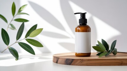 Natural Cosmetic Mockup Amber Pump Bottle Blank White Label on Wooden Podium Green Leaves Leaf Shadows on White Wall Background Skincare Product Display