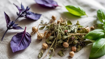 Close Up Fresh Purple Basil Green Basil Leaves Dried Herbs Seeds Mix on Light Textured Linen Cloth Background Culinary Herbs Food Photography Detail