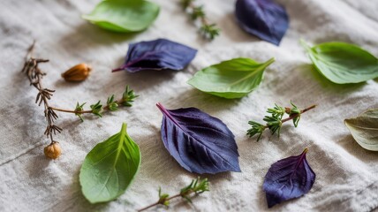 Flat Lay Fresh Herbs Purple Basil Green Basil Thyme Sprigs Scattered on Light Textured Linen Fabric Background Top View Culinary Ingredients Food Styling