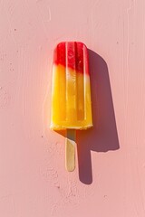 A vibrant, two-toned popsicle with red and yellow layers rests on a pink background, casting a shadow