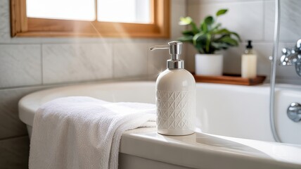 Spa Bathroom Scene White Ceramic Soap Lotion Dispenser with Textured Pattern on Bathtub Edge Folded White Towel Window Light Plant Background Relax