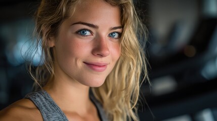 Portrait of a Smiling Woman with Blonde Hair and Blue Eyes