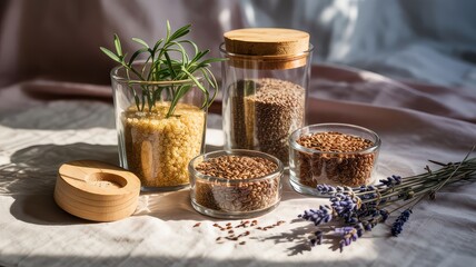 Healthy Pantry Staples Glass Jars Quinoa Flax Seeds Lentils Rosemary Sprig Dried Lavender Bunch Sunlight Shadows on White Cloth Background Superfoods