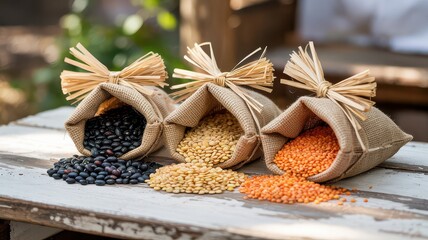 Rustic Display Dried Legumes Black Beans Soybeans Red Lentils Spilling from Burlap Sacks with Raffia Bows on Weathered White Wooden Surface Outdoors