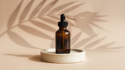 Minimalist Cosmetic Mockup Amber Glass Dropper Bottle on Round Concrete Podium Stand Beige Background with Tropical Palm Leaf Shadow Skincare Product