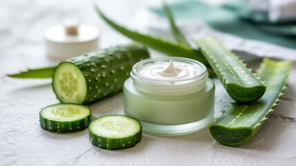 Natural Skincare Concept Face Cream Jar with Fresh Cucumber Slices Aloe Vera Leaves on White Textured Background Organic Cosmetic Beauty Product Mockup