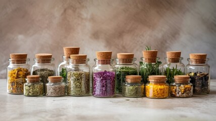 Collection Apothecary Glass Jars Cork Lids Filled with Various Dried Herbs Spices Seeds Flowers Displayed on Light Surface Herbalism Pantry Storage