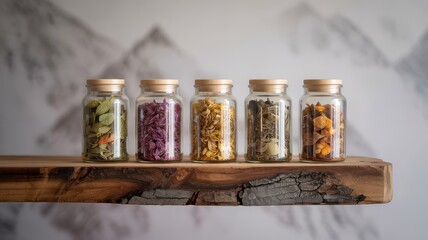 Natural Decor Dried Herbs Flowers in Glass Jars with Wooden Lids Displayed on Rustic Live Edge Wooden Shelf Against Subtle Mountain Mural Wall Background
