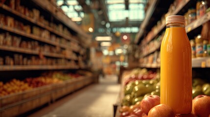 Orange Juice Bottle in Supermarket Aisle