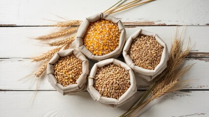 Top View Assorted Grains Corn Kernels Wheat Berries Barley in Small Burlap Sacks with Wheat Stalks on White Wooden Plank Background Rustic Farm Harvest