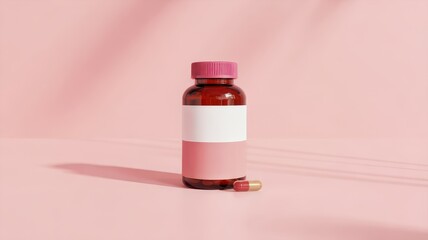 Supplement Mockup Amber Glass Pill Bottle Pink Cap Blank Pink White Label Single Capsule Leaf Shadows on Pink Background Vitamins Health Product Feminine