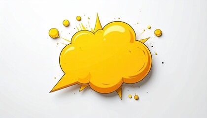 A vibrant yellow speech bubble, in a comic book style, explodes with dynamic energy against a clean white backdrop.  The bubble features a 3D effect and scattered paint splatters