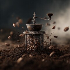 A vintage coffee grinder sits amidst a pile of ground coffee beans, with roasted beans in mid-air, creating a dynamic, rustic scene