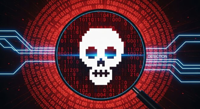 A digital skull with a magnifying glass over a red binary code background, symbolizing cybersecurity threat detection and vulnerability scanning
