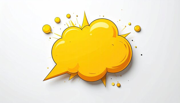 A vibrant yellow speech bubble, in a comic book style, explodes with dynamic energy against a clean white backdrop.  The bubble features a 3D effect and scattered paint splatters