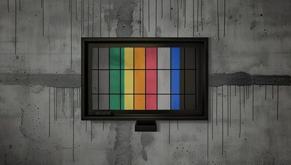 A vintage television set, displaying a color bar test pattern, is mounted on a distressed concrete wall with visible water damage