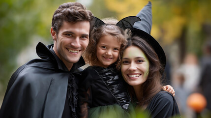 Family Halloween costume theme with the father as an aristocratic vampire in a black cape with fangs holding his daughter in a bat costume with wings and the mother as a witch