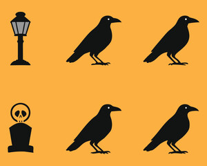 Spooky Halloween Scene with Black Crows, Tombstone and Streetlight Silhouette Illustration