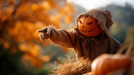 Person wearing detailed scarecrow costume burlap sack clothing straw stuffing jack o lantern pumpkin head pointing gesture orange autumn background harvest festival costume ideas