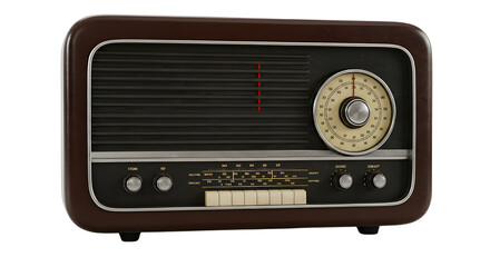 Fototapeta premium Retro wooden vintage radio receiver technology isolated for music and broadcasting concepts. isolated PNG with Transparent Background