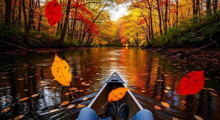 Autumn Kayaking Adventure Through Colorful Forest.