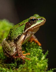 Obraz premium Close-up of a Green Frog on Moss.