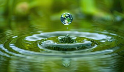 A water droplet containing a miniature Earth falls onto a still body of water, creating concentric ripples.  The background is blurred, showcasing lush green vegetation