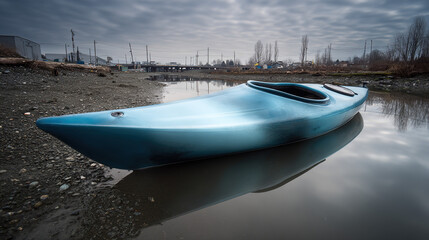 kayak. A kayak rests on the shoreline, reflecting calm blue waters in a serene natural setting. tourism brochures, itinerary planners, designed for travel destination branding.
