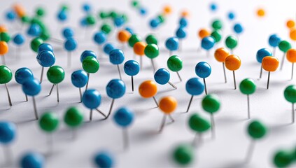Colorful pushpins scattered on a white surface