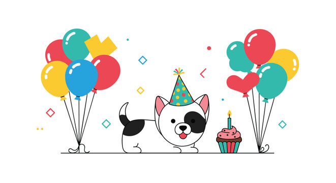 A cute dog celebrates a special birthday with balloons and a cupcake. - Powered by Adobe