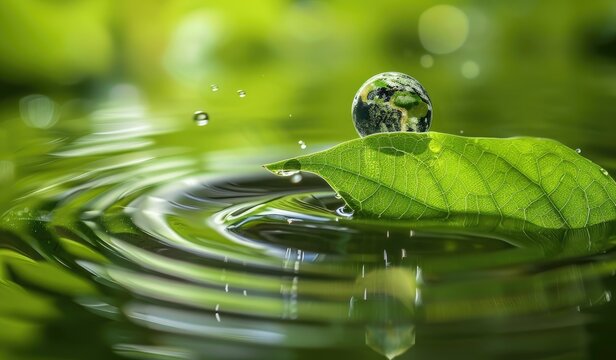 A water droplet, reflecting the world, rests on a vibrant green leaf floating gently on calm water, creating concentric ripples