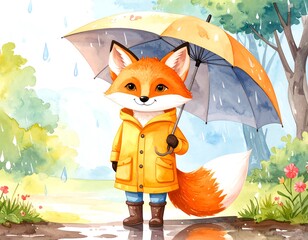 Cute fox in raincoat under an umbrella in a rainy park