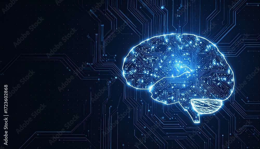 Poster an artificial ligence brain represented by glowing blue circuitry on a dark background shows digital