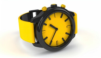 A yellow and black wristwatch with a simple, analog face and a sporty yellow band, rendered against a clean white background