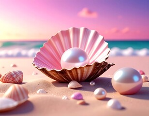 A pearl nestled in a seashell on a beach