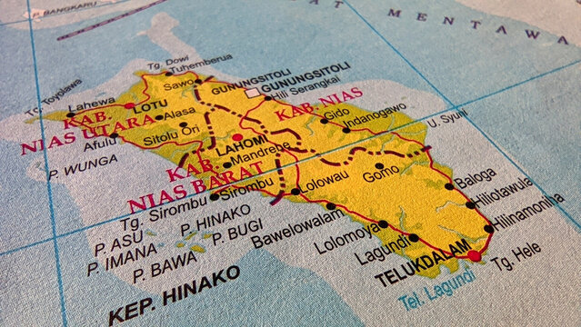 Map of Nias Island or Nias Island on a map, Indonesia.