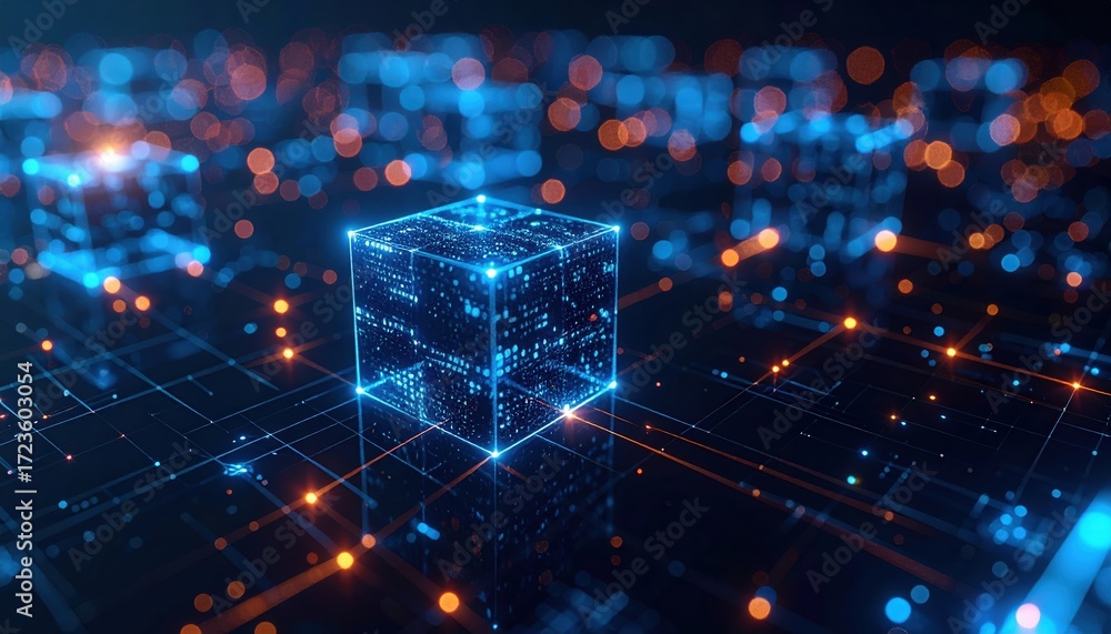 Poster an abstract blue glowing cube hovers over a circuit board grid surrounded by bokeh lights suggesting