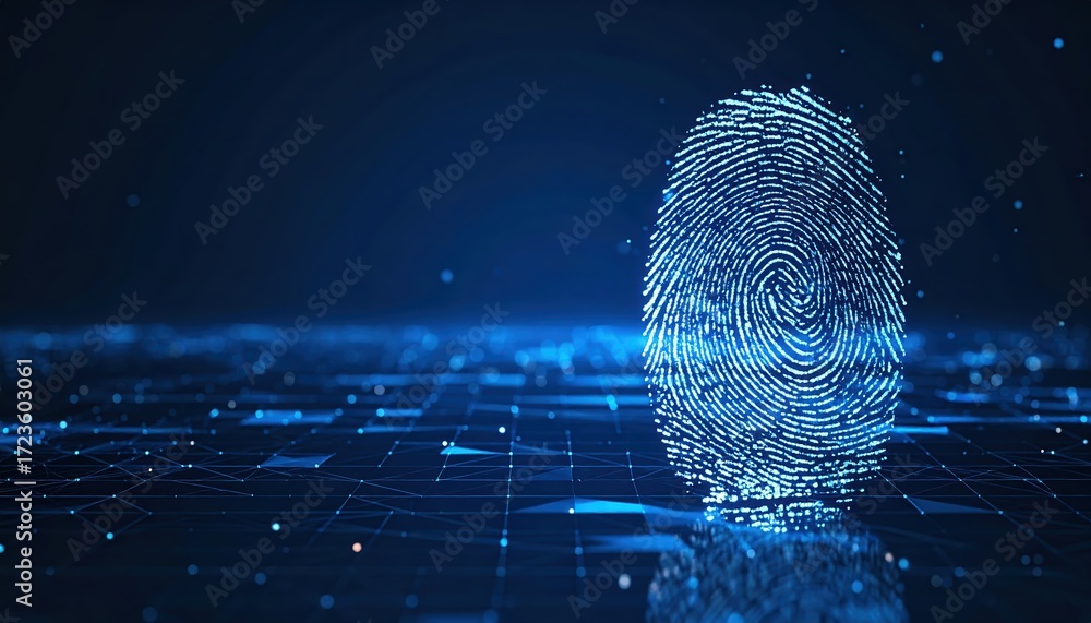 Poster a luminous digital fingerprint hovers above a grid, symbolizing data security and biometric authenti