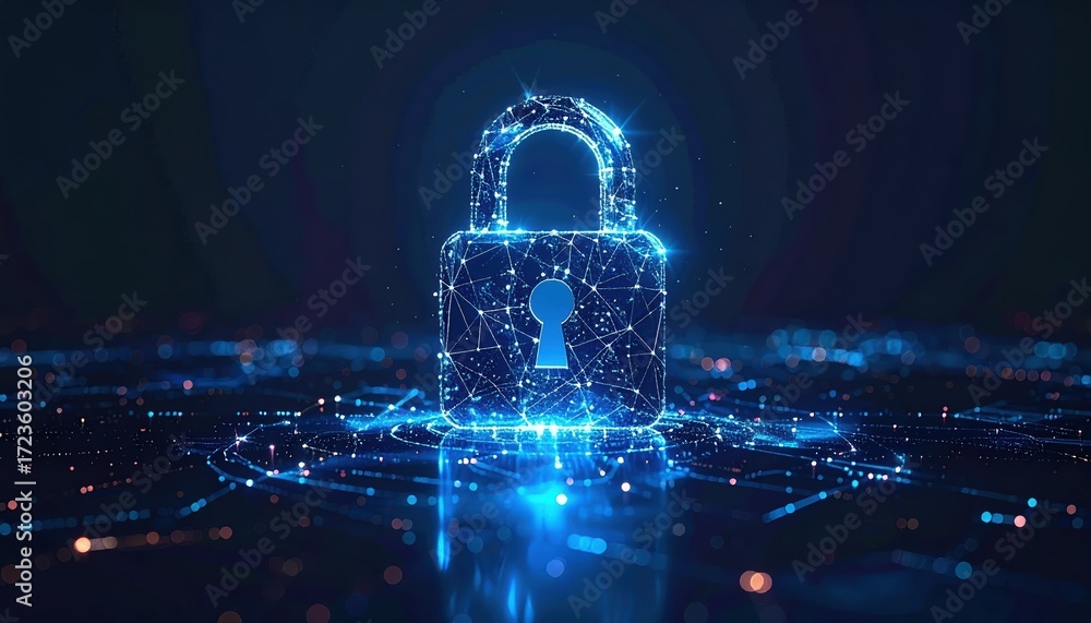 Poster an illuminated blue digital padlock hovers over a network of glowing nodes representing data protect