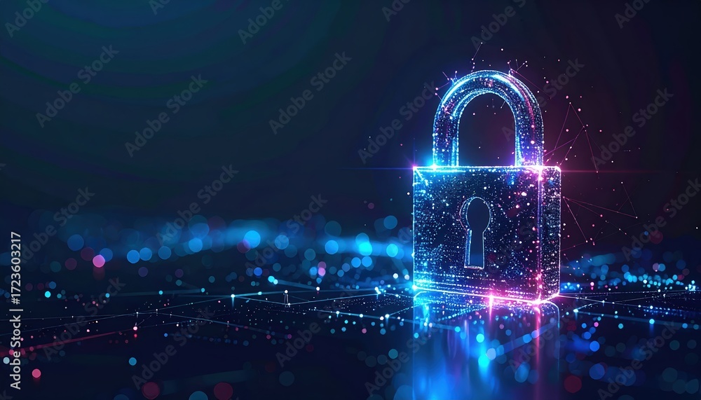 Poster a glowing digital padlock hovers above a circuit board illustration, representing cybersecurity and 