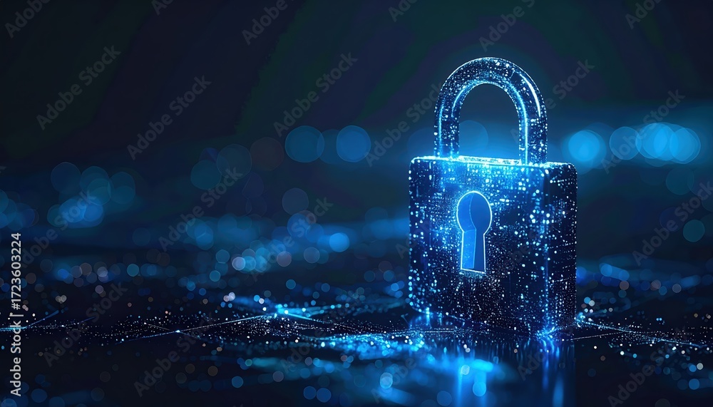 Poster a glowing digital padlock symbolizes internet security and data protection in a network environment 