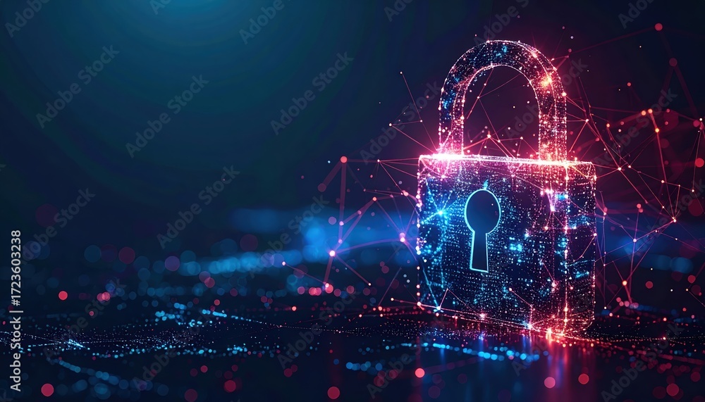 Poster a glowing digital padlock protects online data with a strong secure connection on a dark blue cyber 