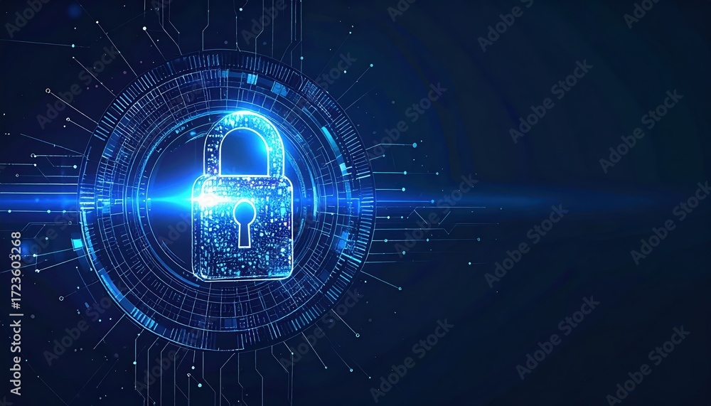 Poster glowing digital padlock symbolizes cybersecurity protection with advanced technology on a dark blue 
