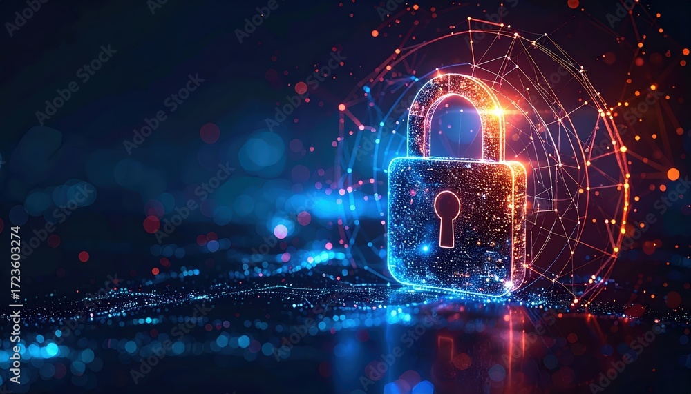 Poster an abstract digital padlock represents cybersecurity and data protection with glowing particles and 