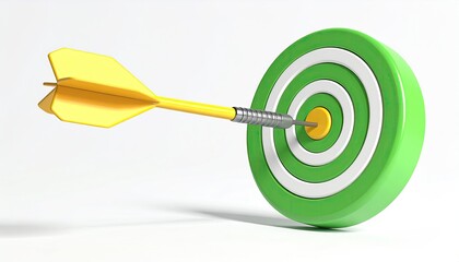 A yellow dart, precisely hitting the bullseye of a green and white target, set against a clean, white backdrop.  The image suggests accuracy and achievement
