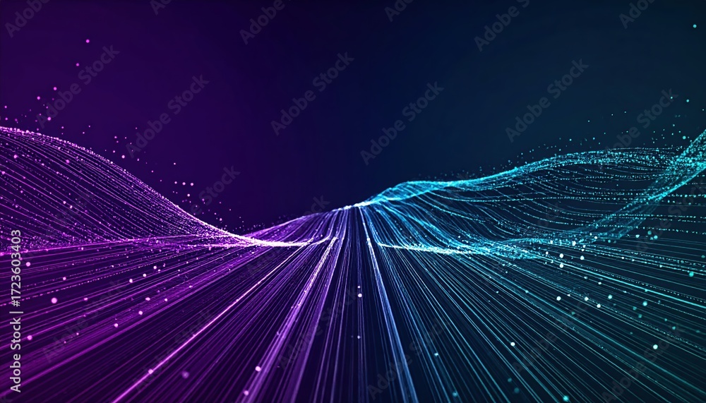 Poster an abstract design features purple and blue flowing lines with shimme light particles creating a fut